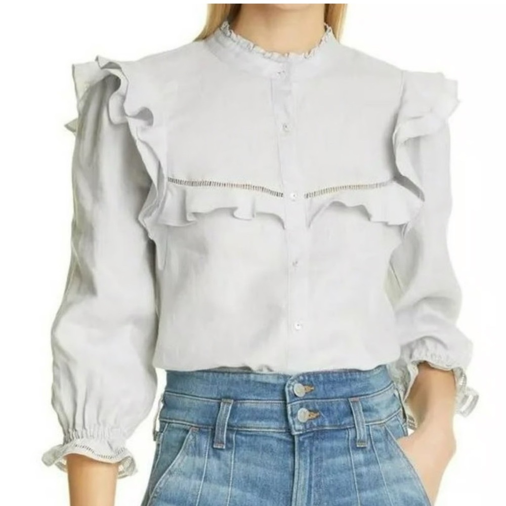Veronica Beard Kelela Linen Ruffle Blouson-Sleeve Top